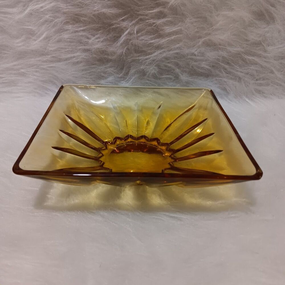 Vintage Amber Glass Candy Nut Dish Sunflower Thumbprint Square